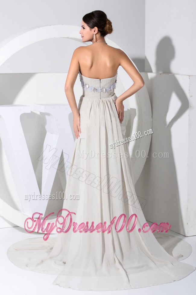 V-neck Ruched High Slit Hand Made Flowers Prom Dress with Beadings