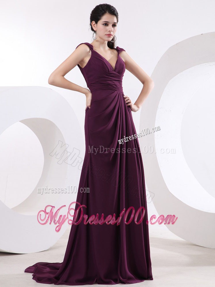 V-neck and Ruched High Slit Empire Zipper-up Prom Dresses