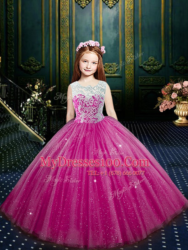 Scoop Clasp Handle Tulle Sleeveless Floor Length Little Girls Pageant Gowns and Beading and Appliques