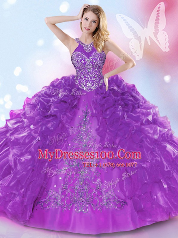 Enchanting Halter Top Organza Sleeveless Floor Length Quinceanera Dresses and Appliques and Ruffled Layers