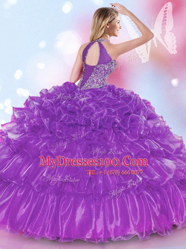 Enchanting Halter Top Organza Sleeveless Floor Length Quinceanera Dresses and Appliques and Ruffled Layers