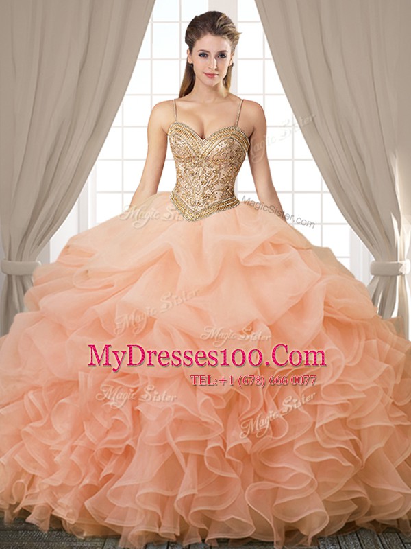 Pick Ups Peach Sleeveless Organza Lace Up Vestidos de Quinceanera for Military Ball and Sweet 16 and Quinceanera