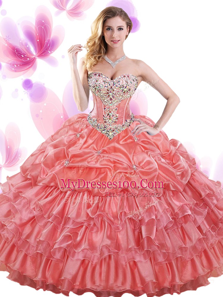 Superior Watermelon Red 15th Birthday Dress Military Ball and Sweet 16 and Quinceanera and For with Beading and Ruffled Layers and Pick Ups Sweetheart Sleeveless Lace Up