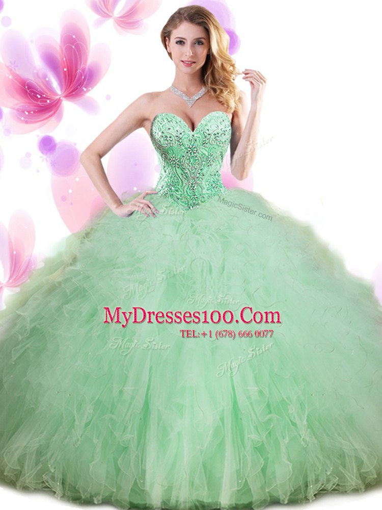 Graceful Pick Ups Floor Length Ball Gowns Sleeveless Apple Green Quince Ball Gowns Lace Up