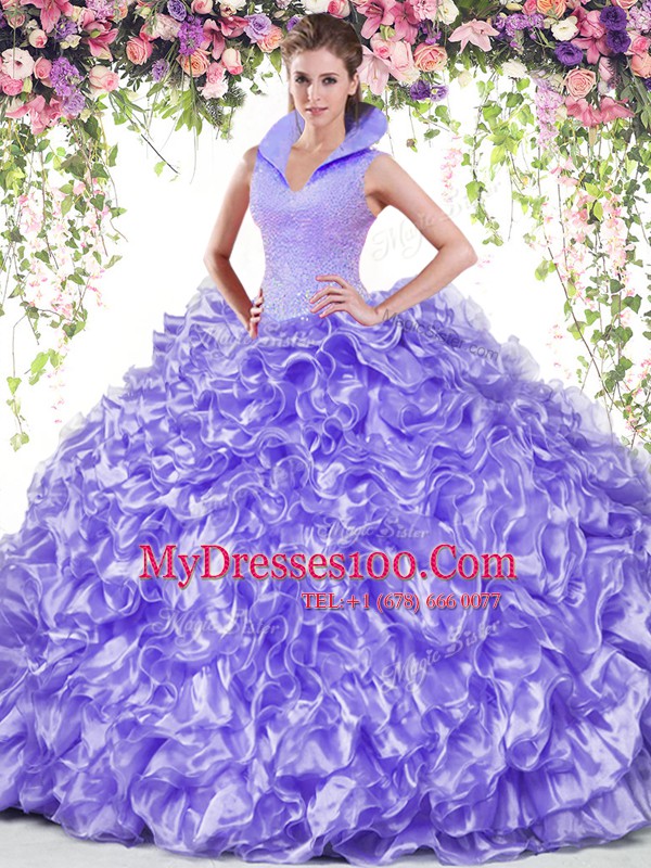 Lavender High-neck Neckline Beading and Ruffles Vestidos de Quinceanera Sleeveless Backless