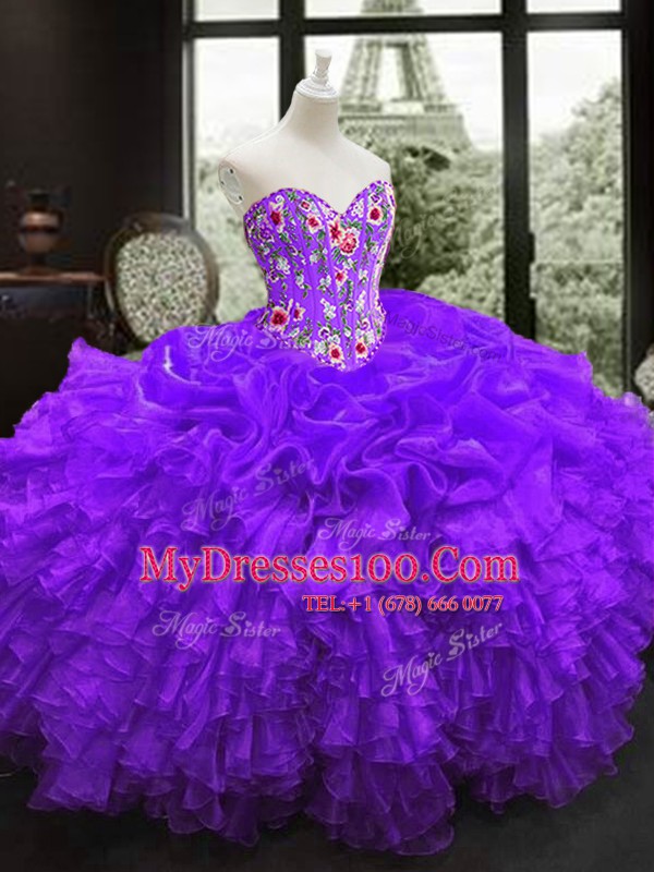 Decent Sleeveless Organza Floor Length Lace Up Quinceanera Gowns in Purple with Embroidery and Ruffles