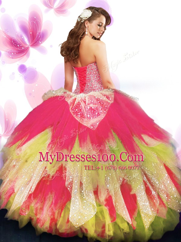 Sweetheart Sleeveless Tulle Quinceanera Gowns Beading and Ruffled Layers Lace Up