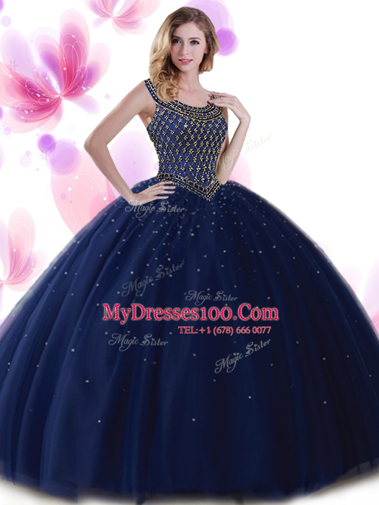 Best Selling Navy Blue Ball Gowns Scoop Sleeveless Tulle Floor Length Zipper Beading Sweet 16 Quinceanera Dress