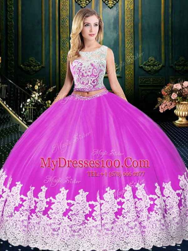 Scoop Sleeveless Tulle Quince Ball Gowns Lace and Appliques Zipper