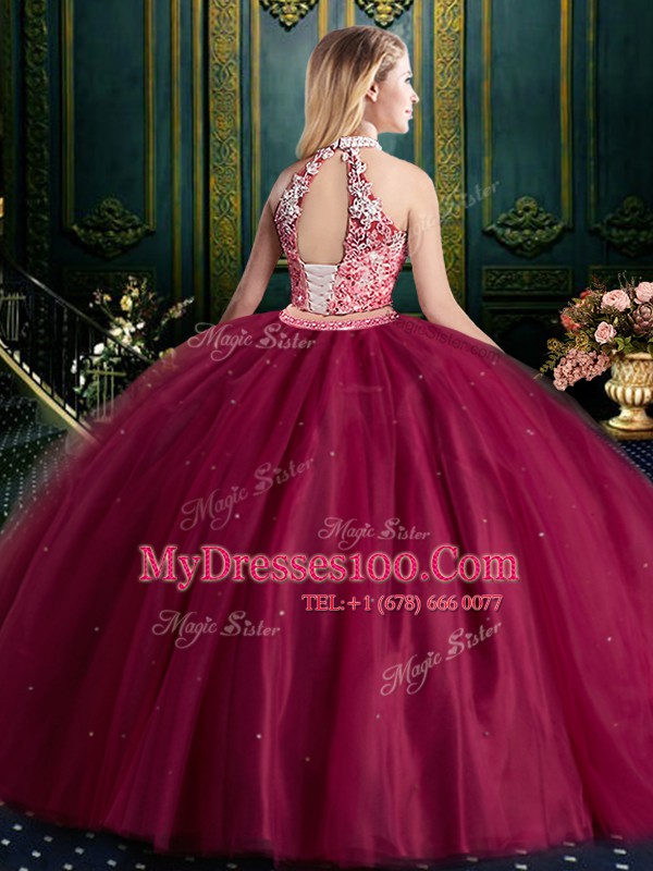 Edgy Halter Top Burgundy High-neck Neckline Beading and Lace and Appliques Quinceanera Gown Sleeveless Lace Up