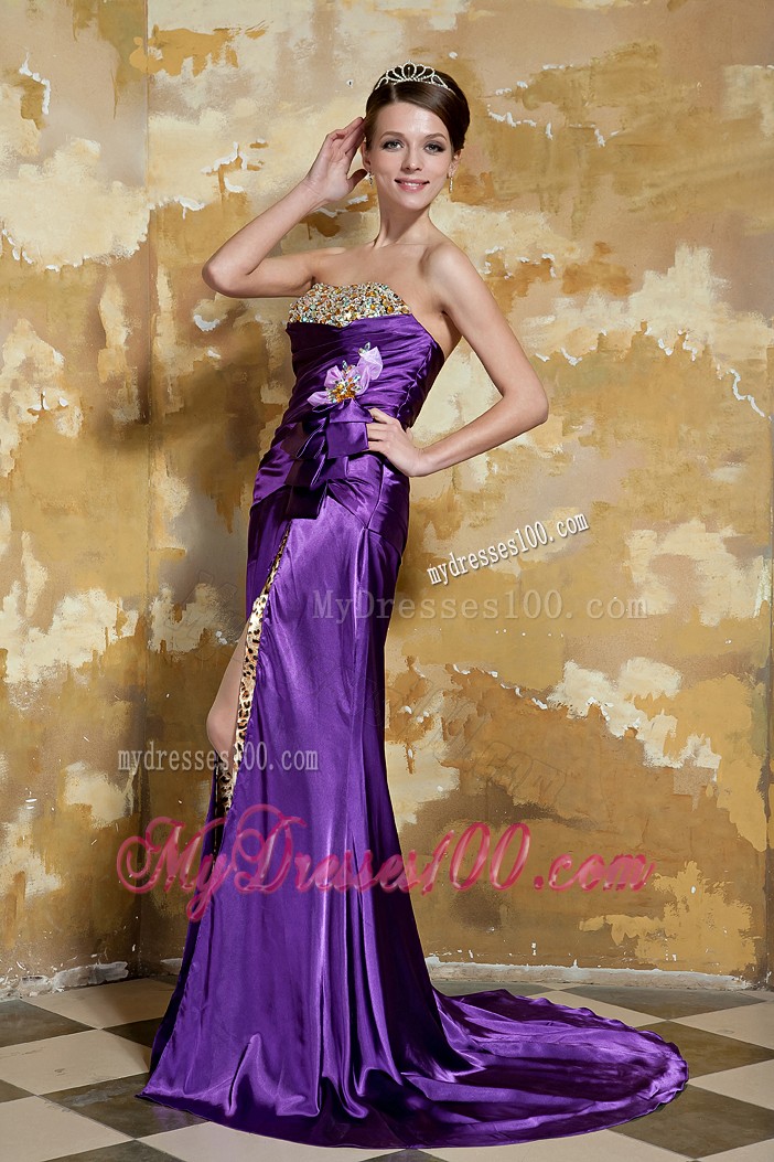 Flower and Side Slit Decorate Prom Gown in Eggplant Purple