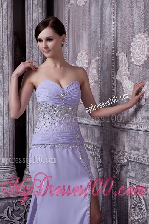 Court Train Lilac Prom Dress with Beading and Side Slit