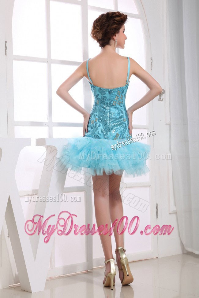 Embroidery Decorate Bodice Aqua Blue Mini-length Spaghetti Straps 2013 Prom Dress