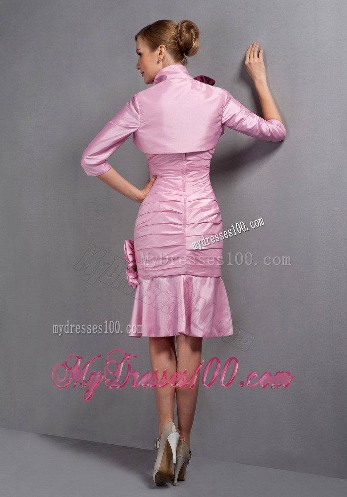 Baby Pink Column Knee-length Ruche and Hand Flowers Mother Dress