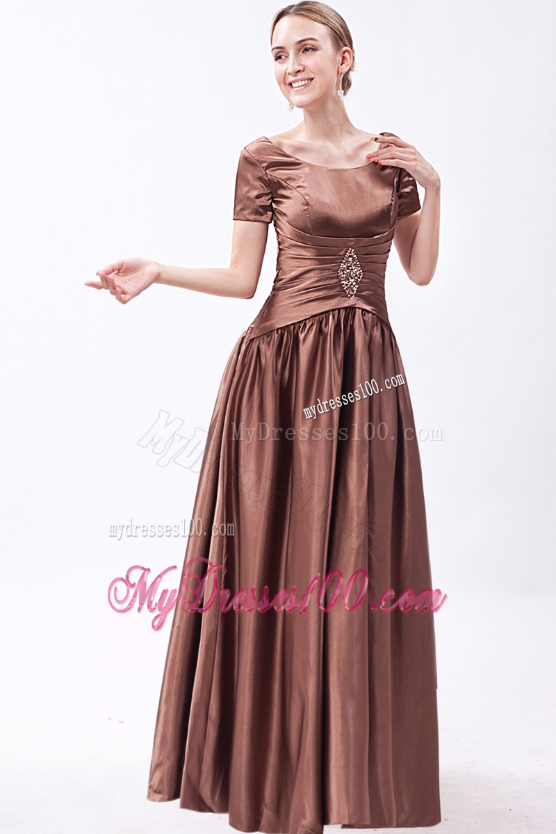 Brown Scoop Floor-length Beading Prom Dress with Short Sleeves