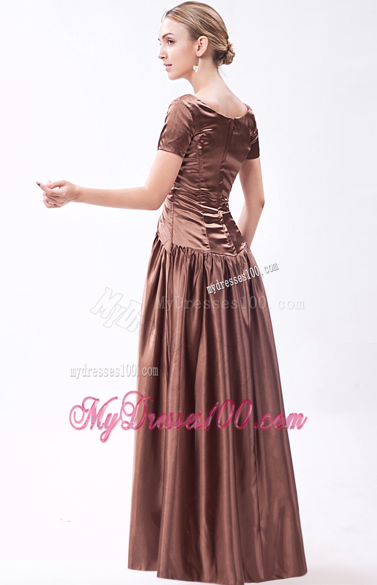 Brown Scoop Floor-length Beading Prom Dress with Short Sleeves