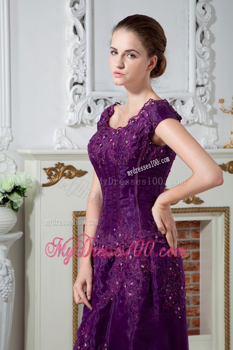 Purple Scoop Brush Train Appliques and Beading Mother Bride Dress