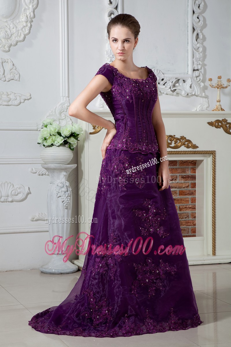 Purple Scoop Brush Train Appliques and Beading Mother Bride Dress