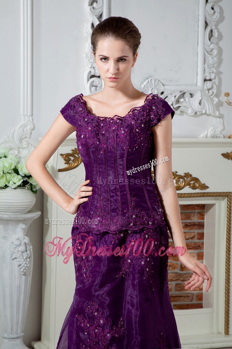 Purple Scoop Brush Train Appliques and Beading Mother Bride Dress