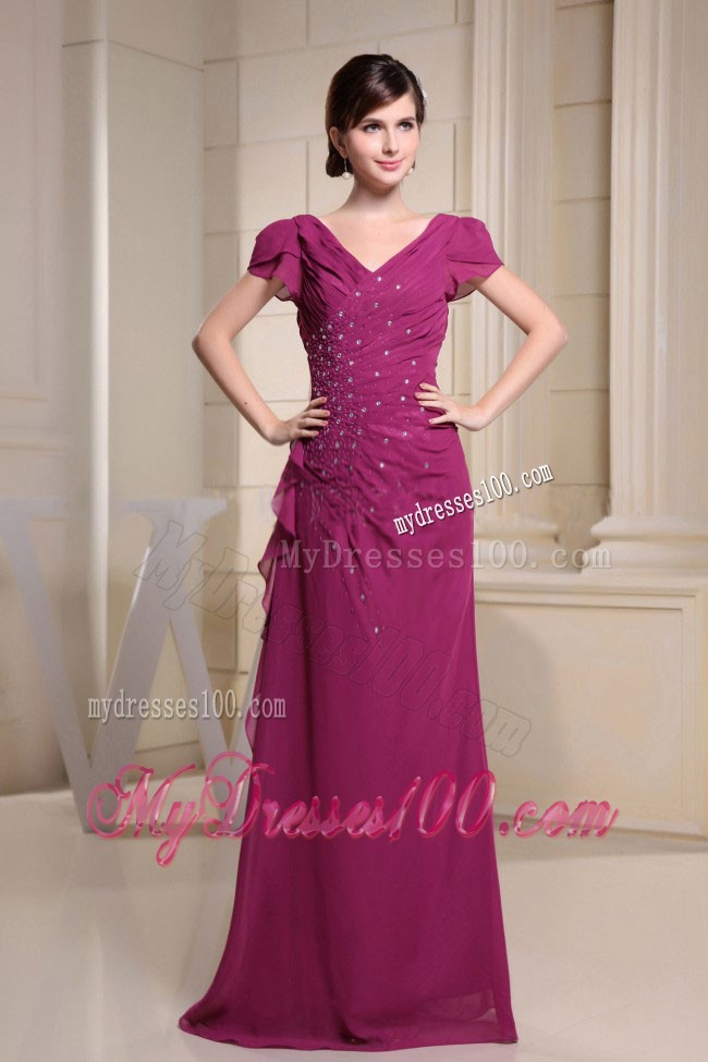 V-neck and Short Sleeves For Mother Of The Bride Dress With Beading