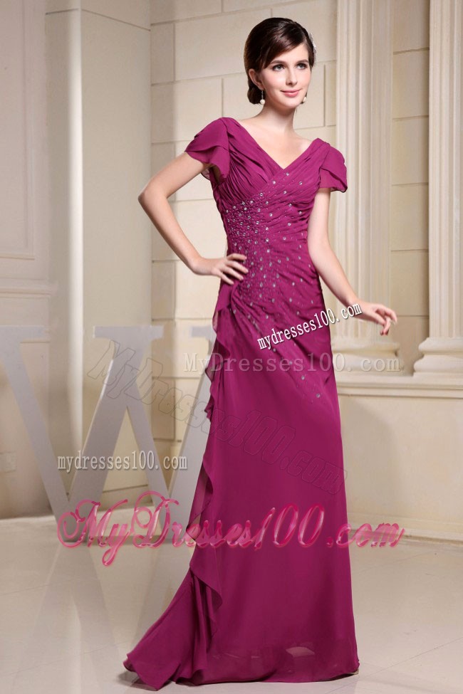 V-neck and Short Sleeves For Mother Of The Bride Dress With Beading