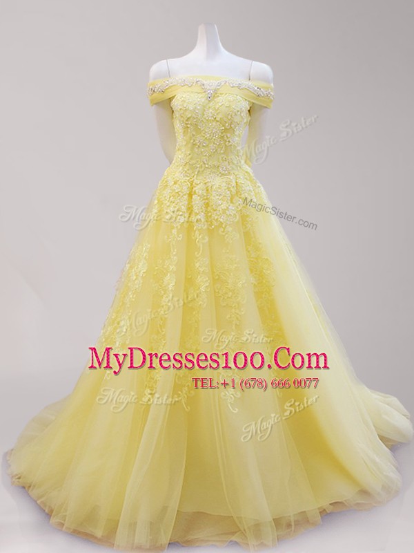 Yellow Lace Up Off The Shoulder Beading and Appliques Homecoming Dress Tulle Cap Sleeves