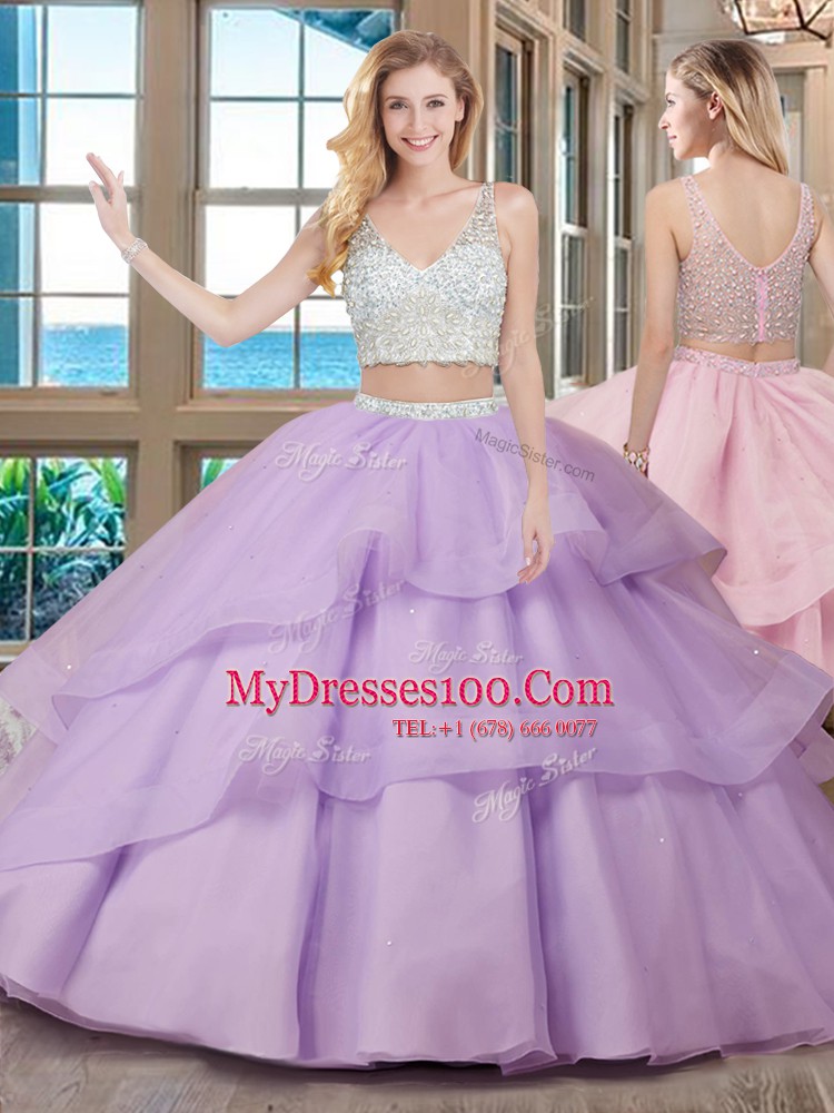 Comfortable V-neck Sleeveless Quinceanera Dresses With Brush Train Beading Lavender Organza