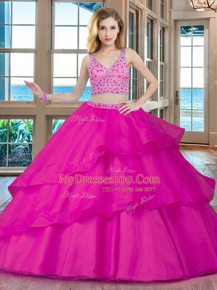 Comfortable V-neck Sleeveless Quinceanera Dresses With Brush Train Beading Lavender Organza