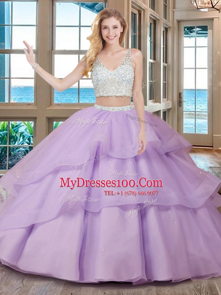 Comfortable V-neck Sleeveless Quinceanera Dresses With Brush Train Beading Lavender Organza