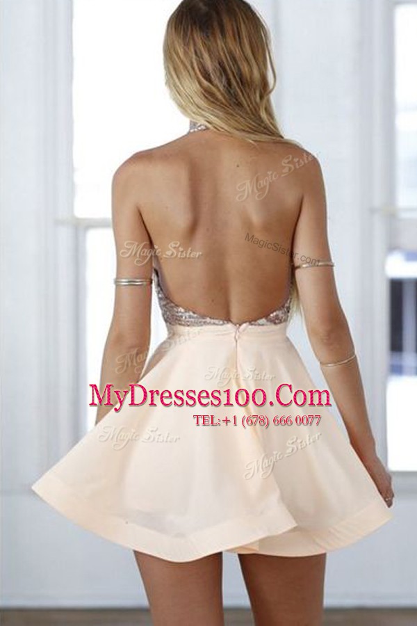 Halter Top Chiffon Sleeveless Mini Length Prom Party Dress and Beading