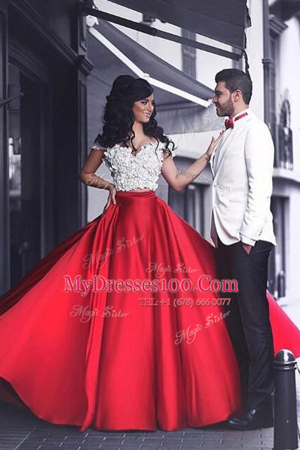 Decent Off the Shoulder Short Sleeves Floor Length Appliques Zipper Prom Dresses with Red