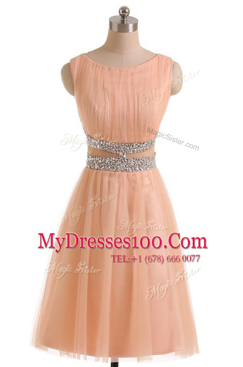 High Class Scoop Sleeveless Prom Gown Knee Length Beading Peach Tulle