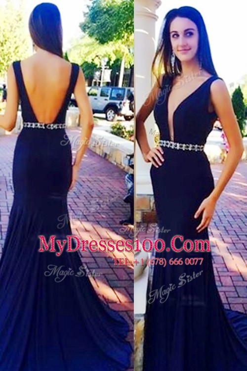 Dramatic Beading Homecoming Dress Navy Blue Backless Sleeveless With Train Sweep Train