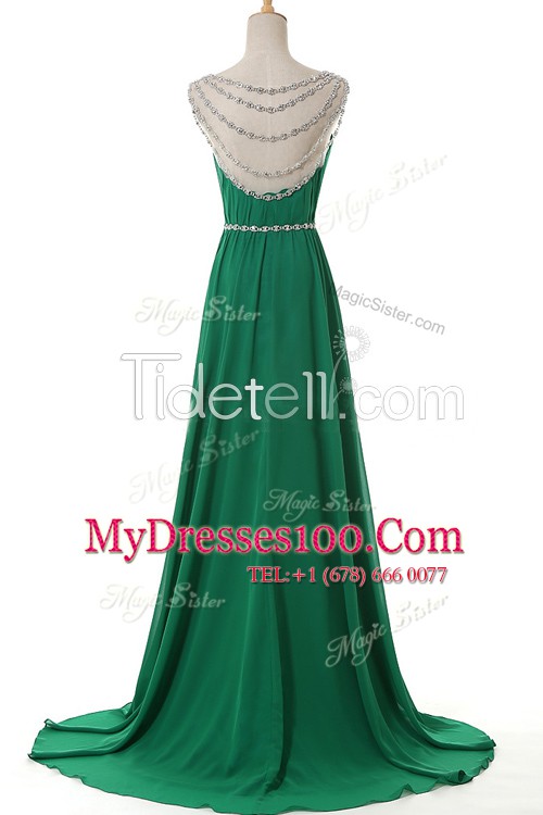 Scoop Belt Prom Evening Gown Green Side Zipper Sleeveless With Train Sweep Train