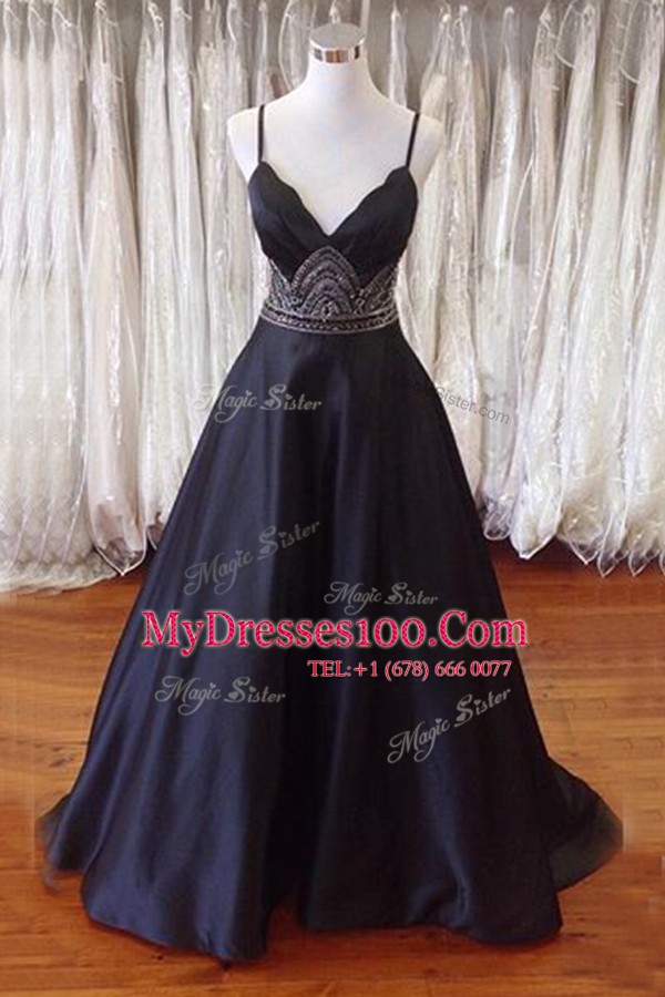 Beading Prom Dresses Black Backless Sleeveless With Train Sweep Train