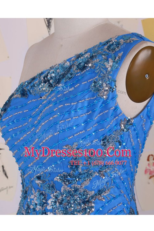 Artistic Mermaid One Shoulder Floor Length Zipper Homecoming Dress Blue for Prom and Party with Beading