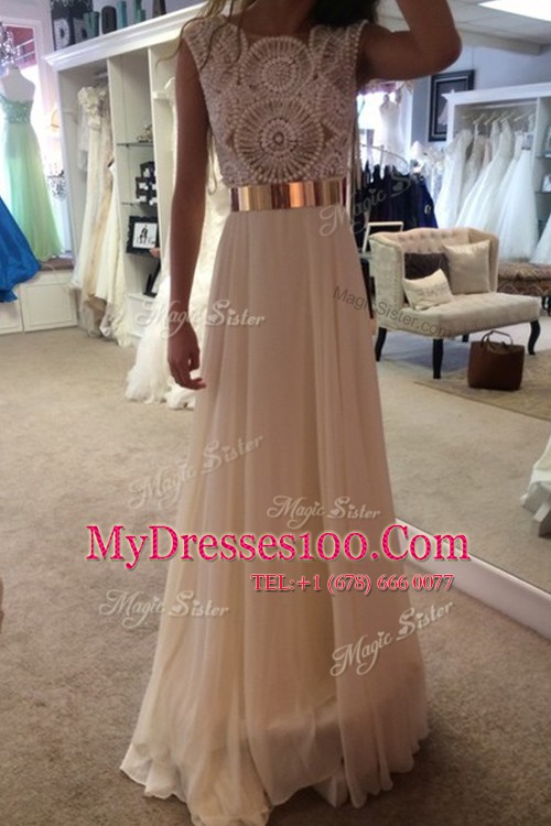 Glorious Champagne Zipper Scoop Belt Dress for Prom Organza Sleeveless