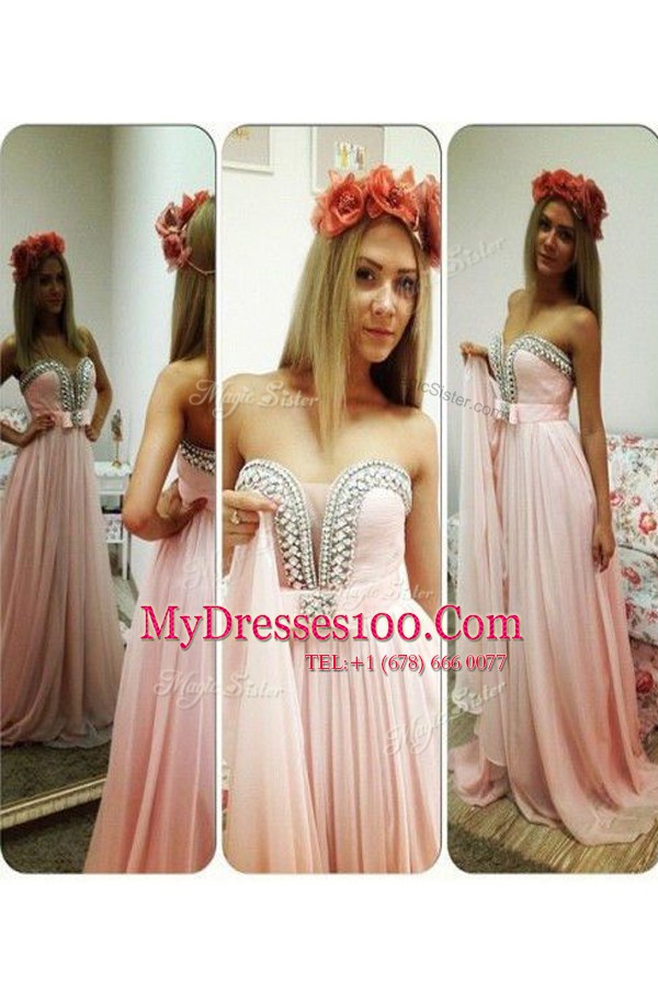 Pretty Pink A-line Beading Prom Dress Zipper Chiffon Sleeveless Floor Length