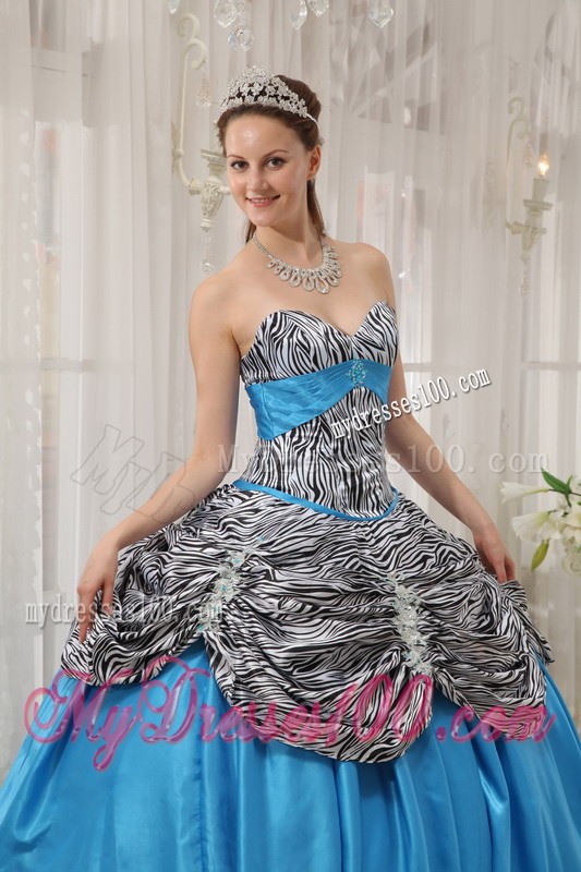 Aqua Blue Taffeta and Zebra Lace-up Back Quinceanera Gown