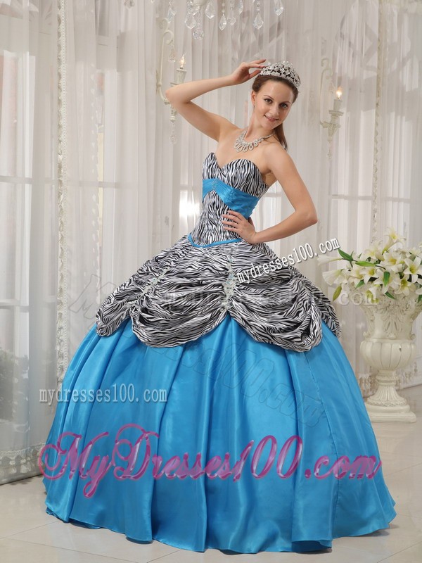 Aqua Blue Taffeta and Zebra Lace-up Back Quinceanera Gown