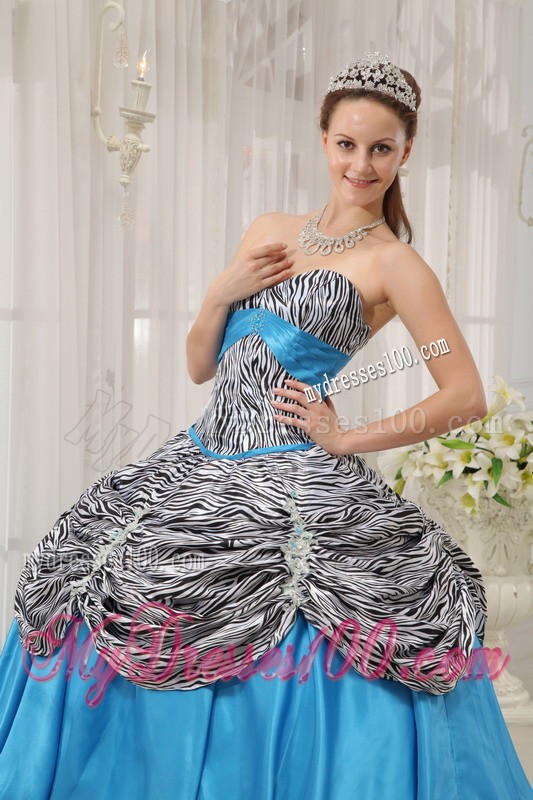 Aqua Blue Taffeta and Zebra Lace-up Back Quinceanera Gown