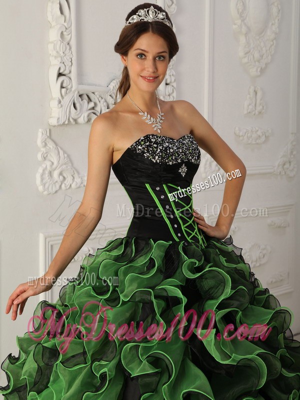 Green Sweetheart Beaded Quinceanera Dress with Ruffled Layers