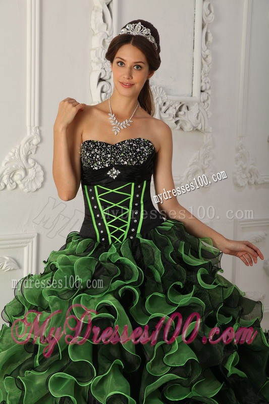 Green Sweetheart Beaded Quinceanera Dress with Ruffled Layers