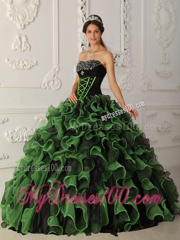 Green Sweetheart Beaded Quinceanera Dress with Ruffled Layers