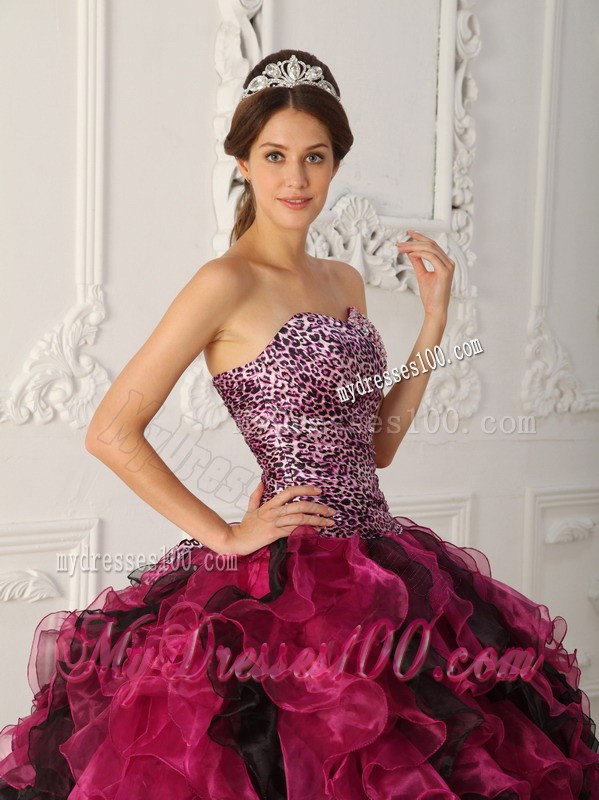 Multi-color Sweetheart Floor-length Leopard and Organza Quinceanera Dress