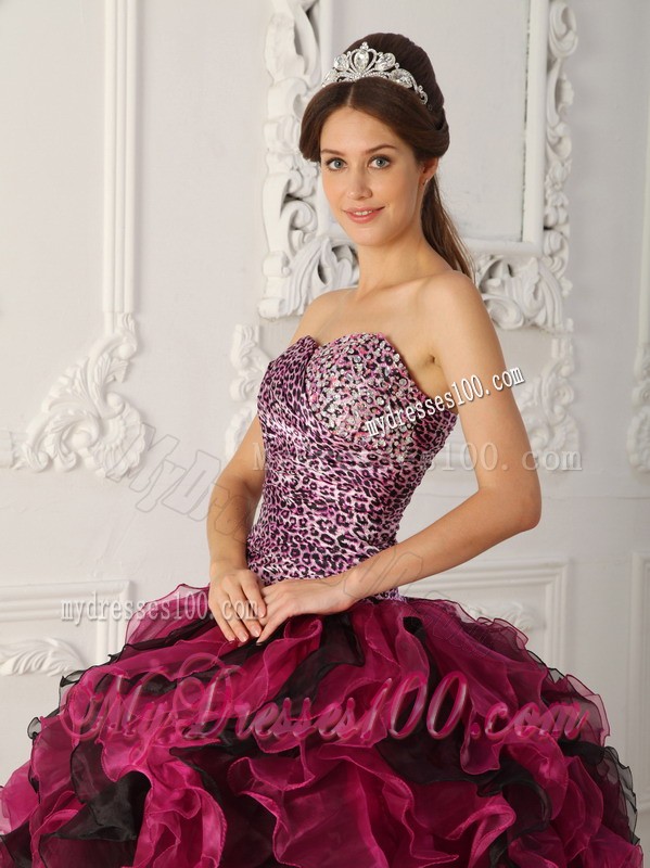 Multi-color Sweetheart Floor-length Leopard and Organza Quinceanera Dress