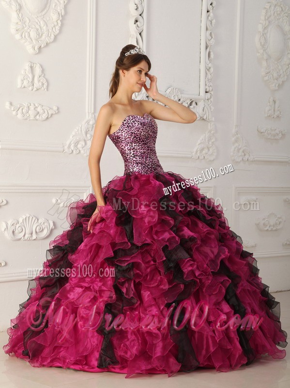 Multi-color Sweetheart Floor-length Leopard and Organza Quinceanera Dress