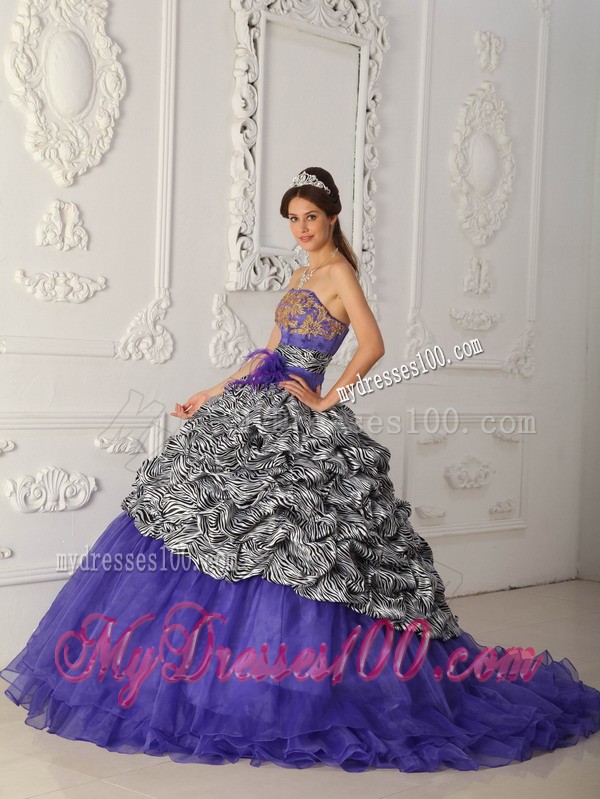 Purple Organza and Zebra Quinceanera Dress with Chapel Train