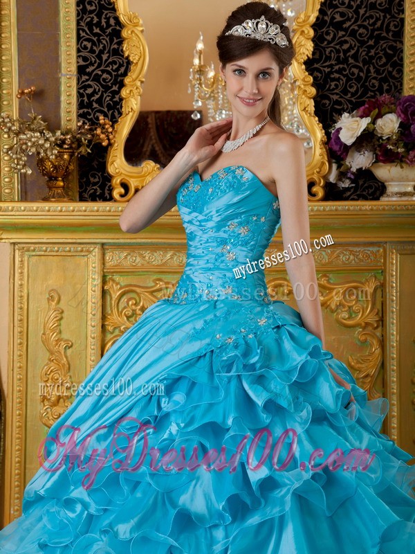 Impressive Sweetheart Teal Ruffled Appliques Sweet 15 Dresses Floor-length