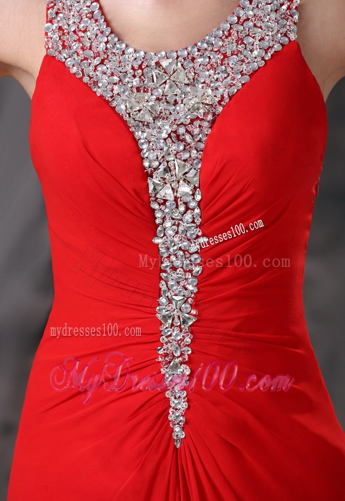 Beaded Decorate Scoop Neckline and Bust Brush Train Red Celebrity Dress